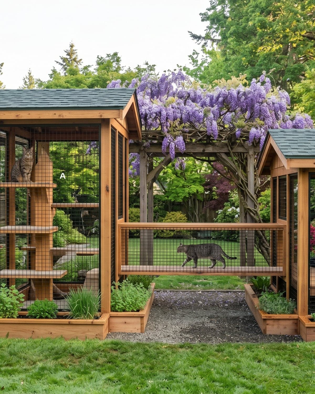 A two-room custom catio with a wisteria tunnel walkway, attached to a craftsman home